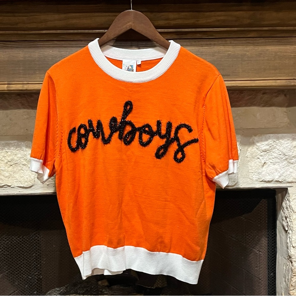 Queen of Sparkles Orange OSU Cowboys Chenille Script Short Sleeve Knit Top